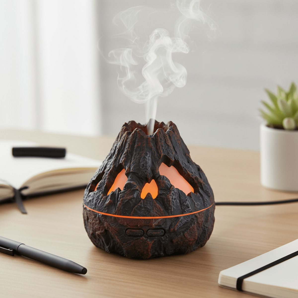 Compact volcano diffuser with mist and amber light USB aromatherapy diffuser shaped like a volcano releasing scented mist with amber glow.