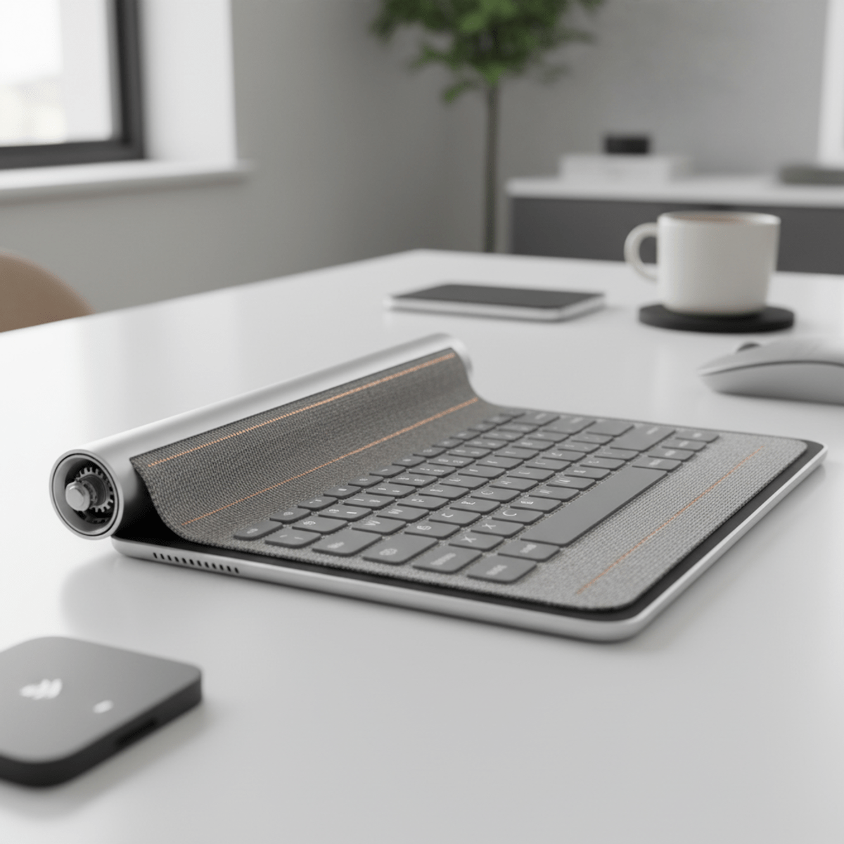 Ultra-thin aluminum tablet with a rollable smart-fabric keyboard on a modern desk.