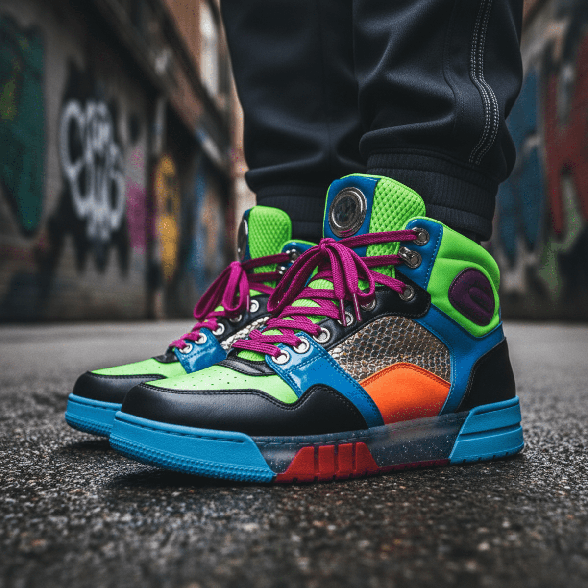 Bold 80s urban sneakers reimagined for 2026 with contrasting leather textures.