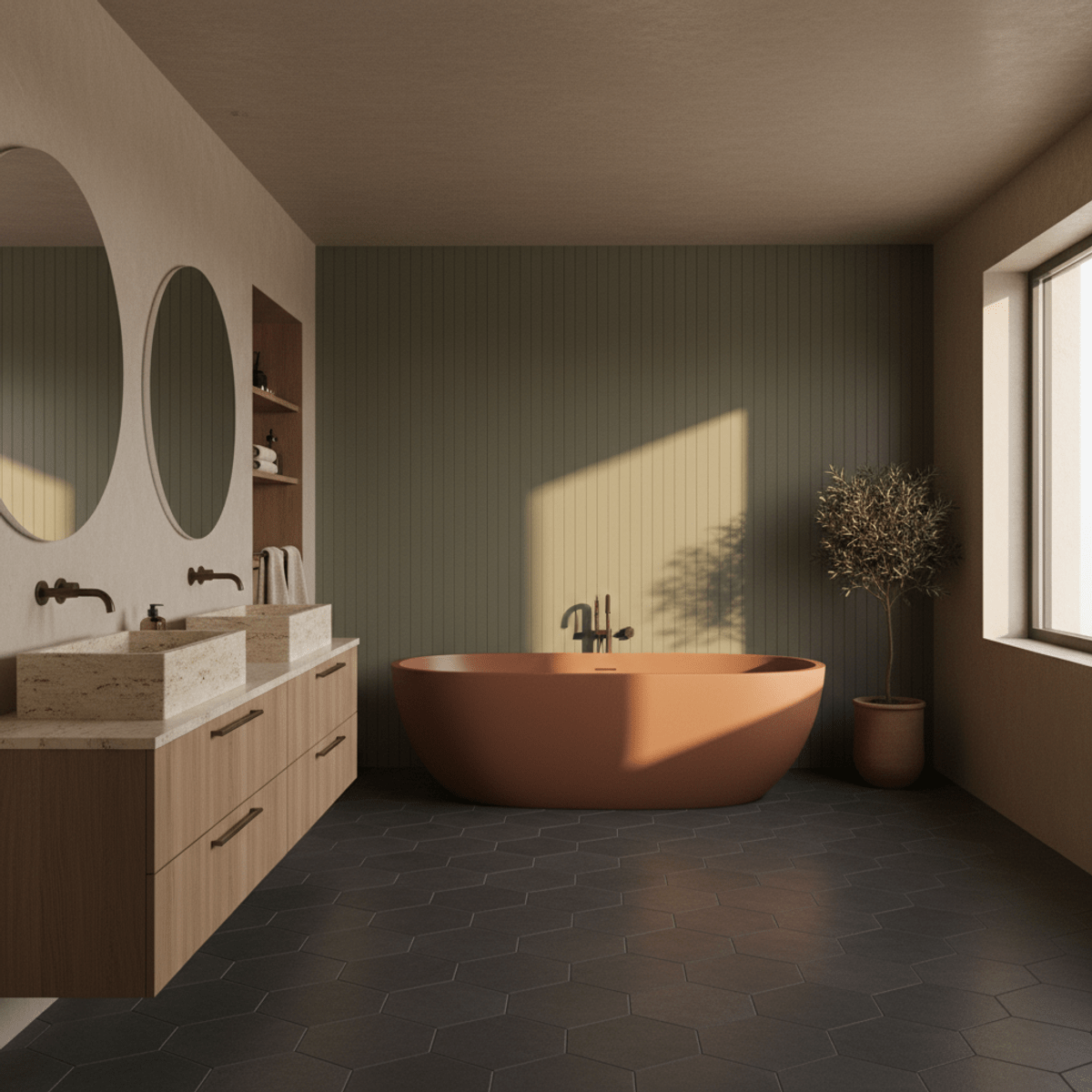 Sophisticated monochromatic earth-tone bathroom interior Modern earth-tone bathroom with olive green walls and terracotta tub.