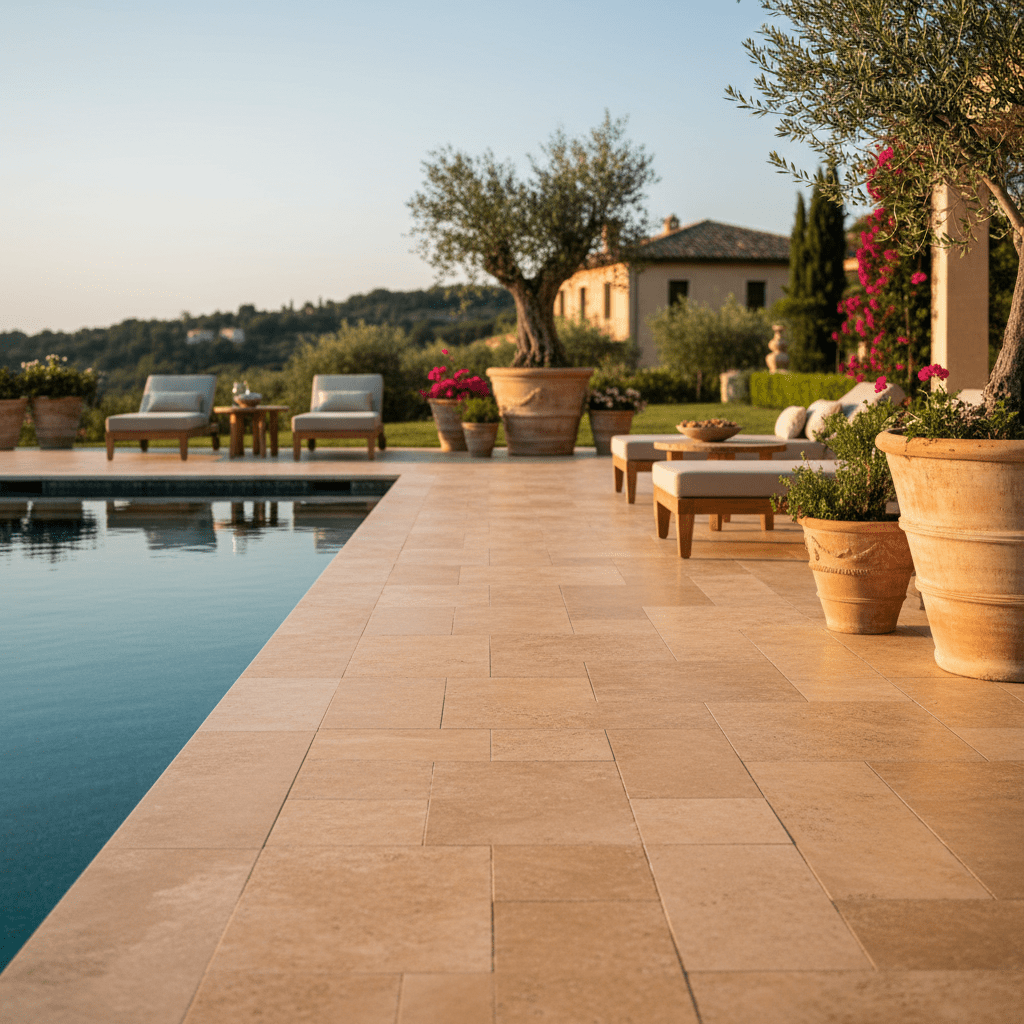 Luxurious poolside with natural honey travertine pavers and turquoise water.