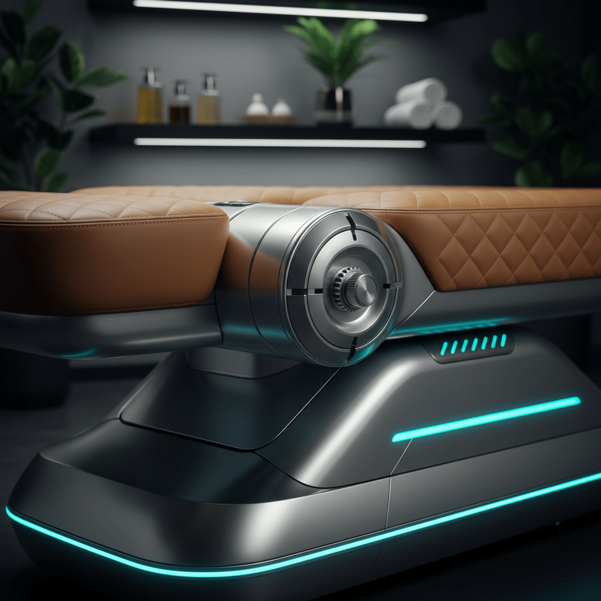 Close-up of a modern hydraulic massage table with precision joints and tan leather.