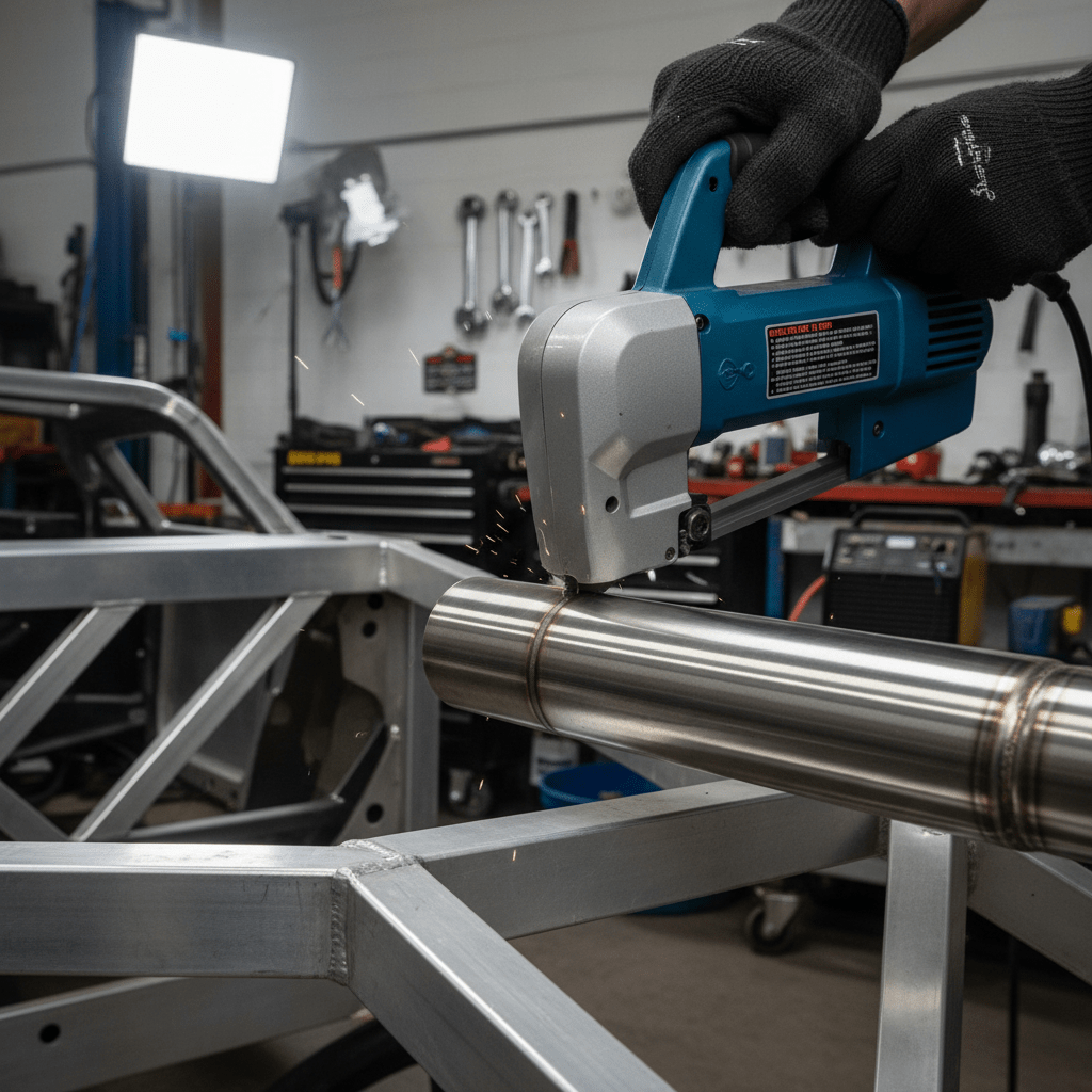 Portable band saw precisely cuts cool stainless steel exhaust tubing on a car chassis.