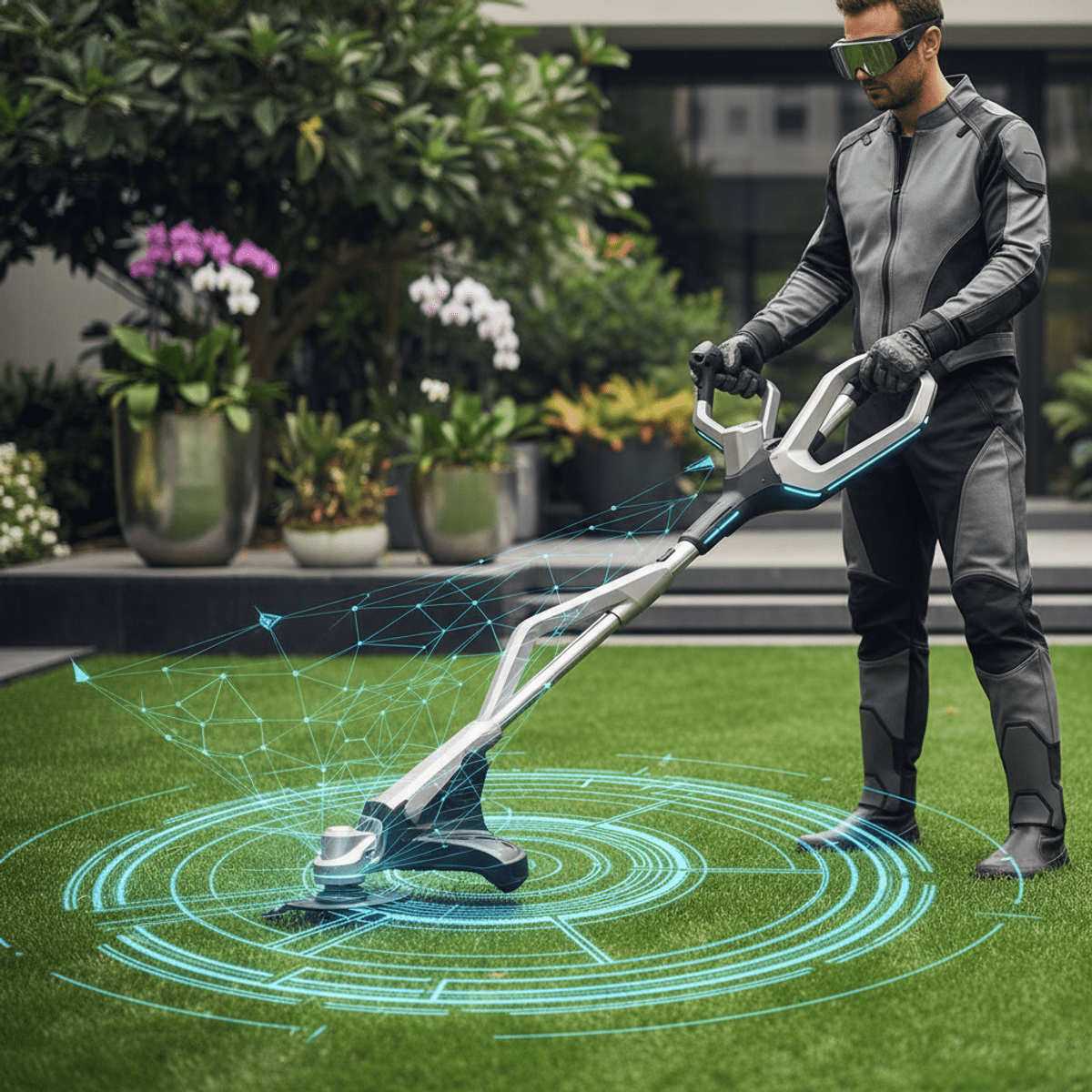 Futuristic trimmer projects glowing AR guidelines onto a lush green lawn.