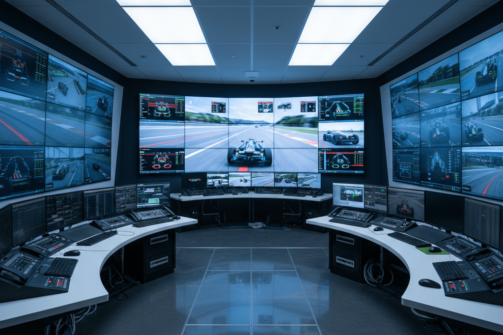 Wide shot of advanced broadcasting setup handling real-time race data under ambient indoor lighting
