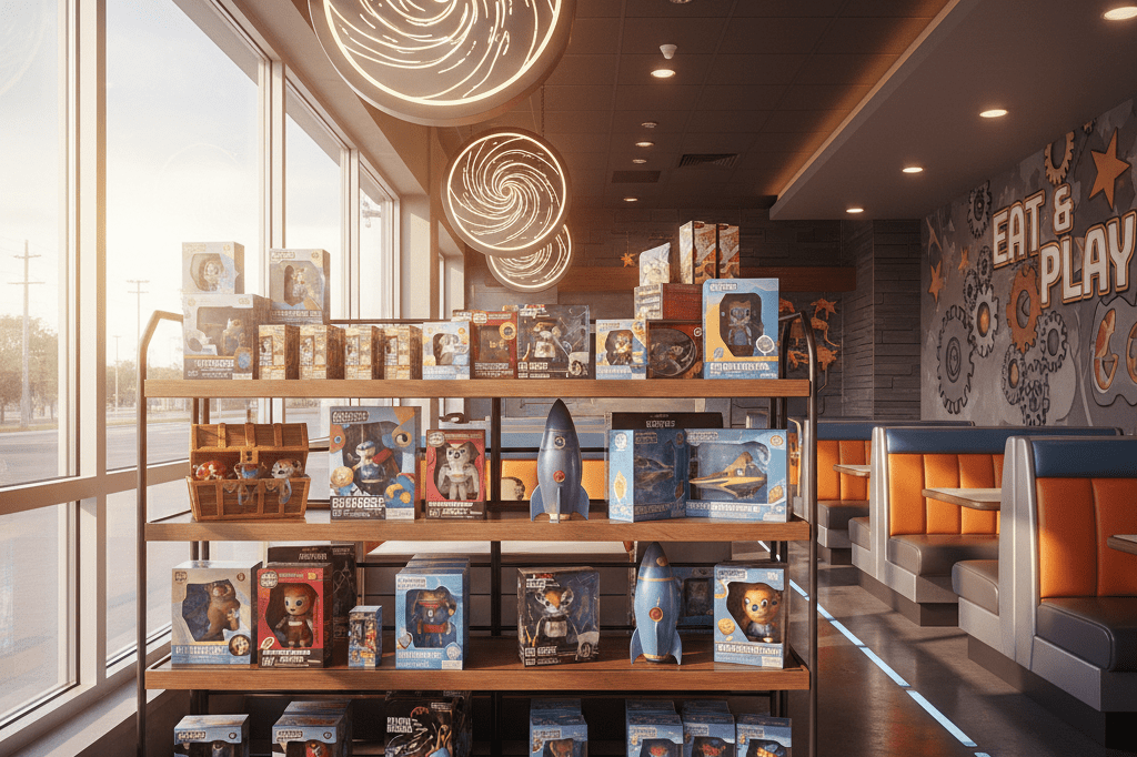 Vibrant themed merchandise display in a restaurant, featuring creative packaging under natural and ambient lighting