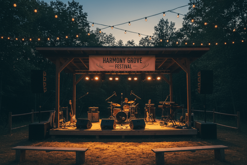Empty music festival stage with instruments under warm ambient lighting, capturing pre-performance anticipation and event exclusivity