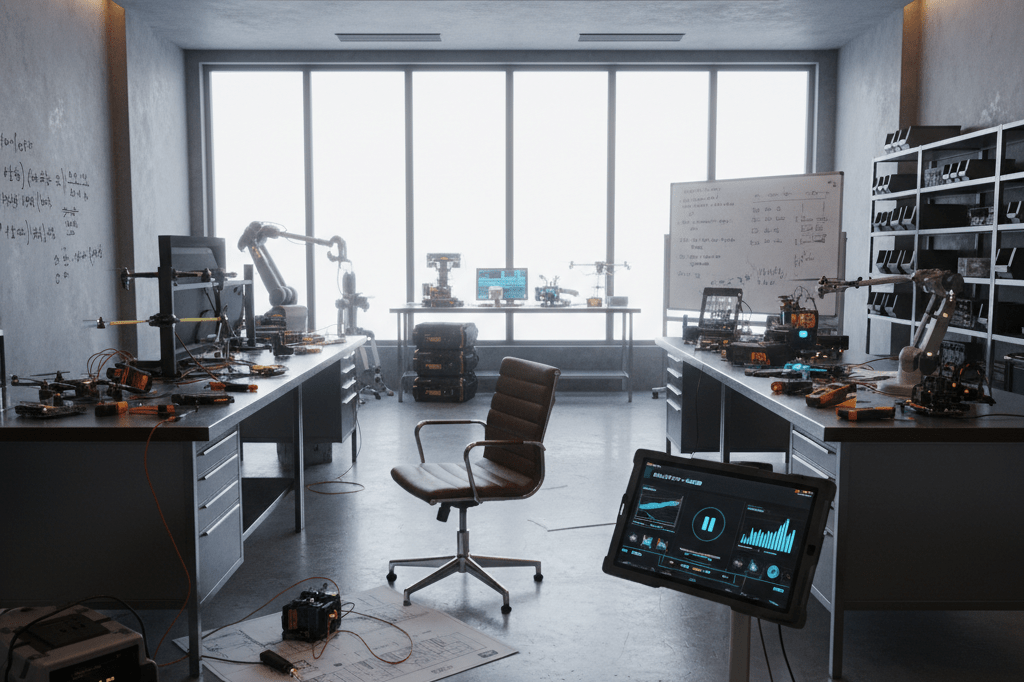 Wide shot of a creative product testing area featuring gadgets, tools, and paused analytics under natural light, evoking authenticity-driven marketing strategies