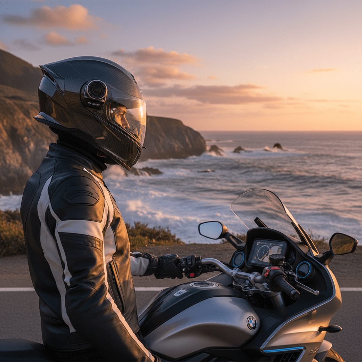 Rider in futuristic helmet camcorder beside touring bike on Pacific Coast Highway at golden hour.