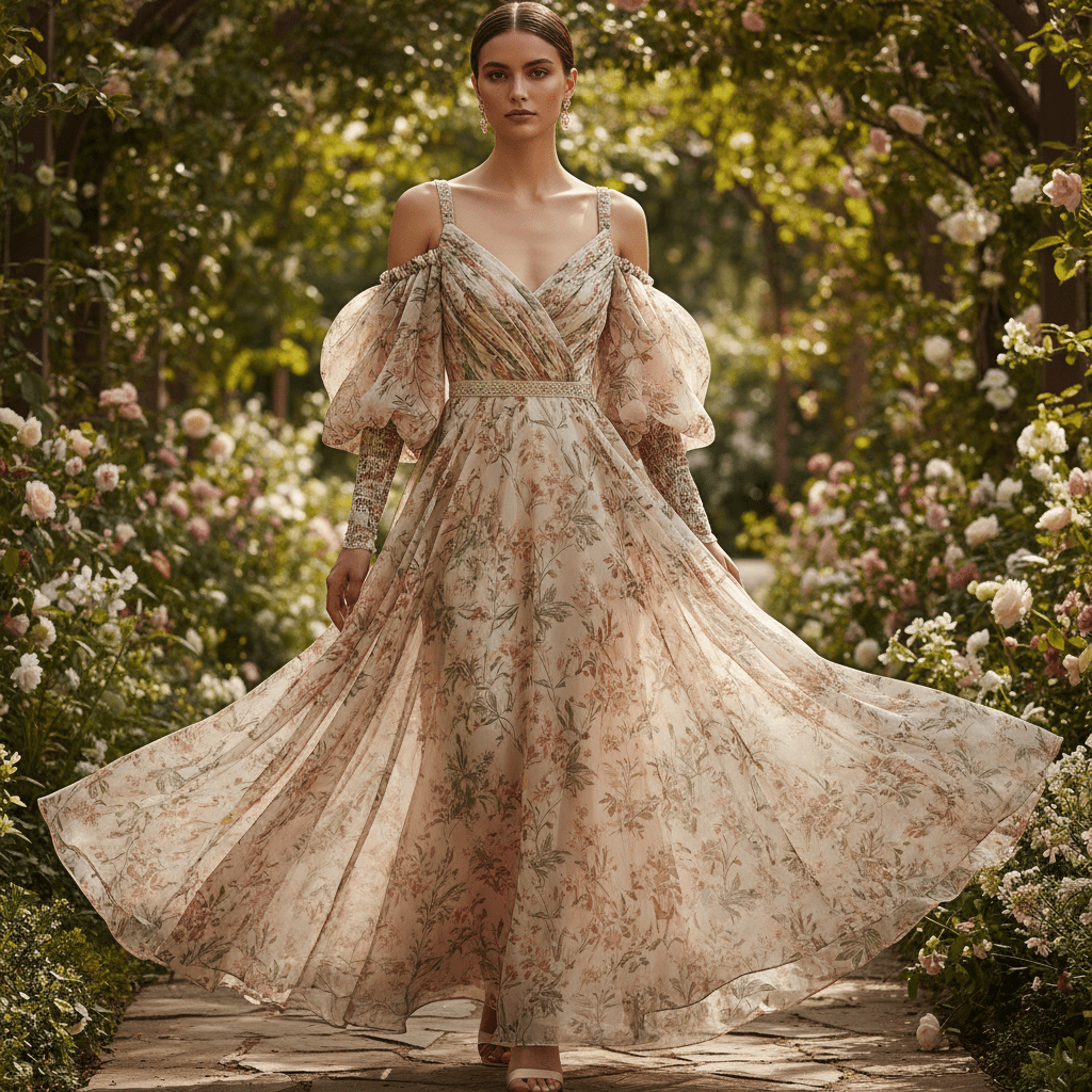 A flowing chiffon dress with puff sleeves and botanical prints in a garden.