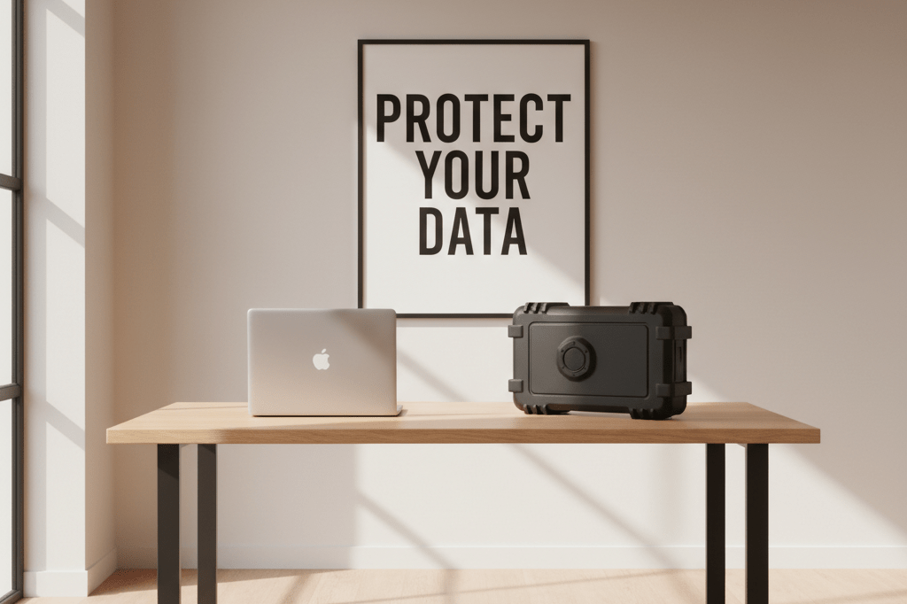 Desk with closed laptop, external hard drive, and data security poster under natural and ambient lighting