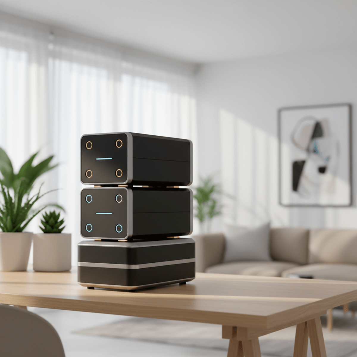 Sleek modular UPS with matte black base and brushed metal accents on a wooden desk.