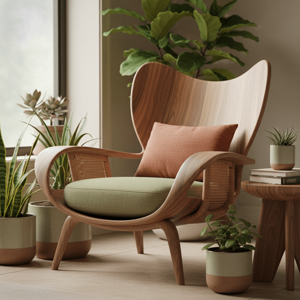 Modern ADHD chair with organic lines, walnut, and rattan in a sunlit reading nook.