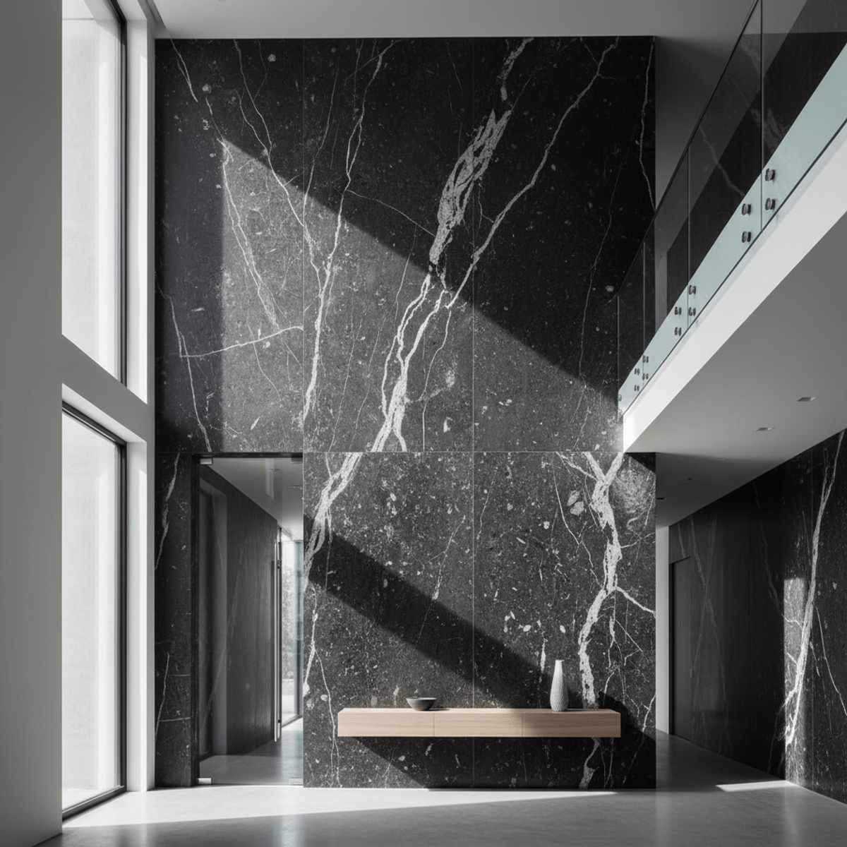 Dramatic black granite stone veneer entryway panels Dramatic black granite ultra-thin stone veneer panels with bold natural veining and matte finish.