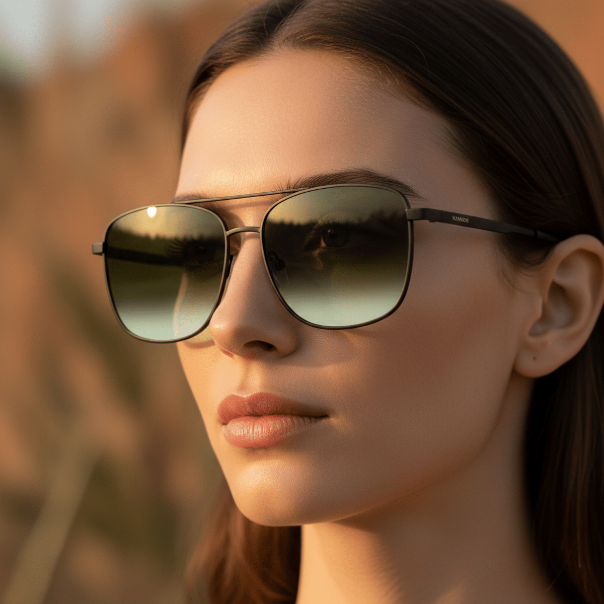 Woman wearing minimalist sunglasses with gradient earth lenses and thin matte black frames.