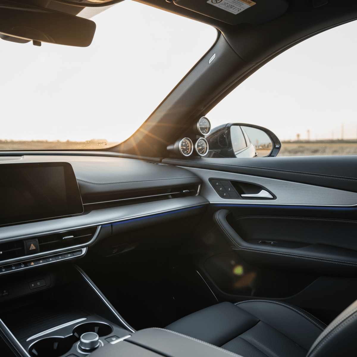 Sleek modern car interior with integrated A-pillar gauges and golden hour light.