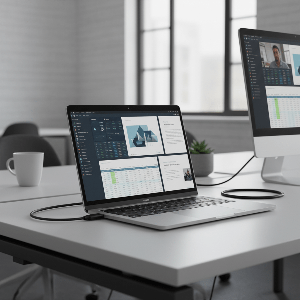 Sleek aluminum laptop on a coworking desk displays spreadsheets and presentations.