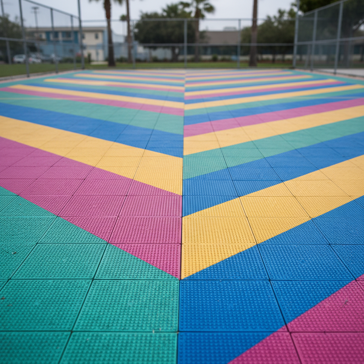 Vibrant sport court tiles with 80s/90s color blocking and geometric shapes.