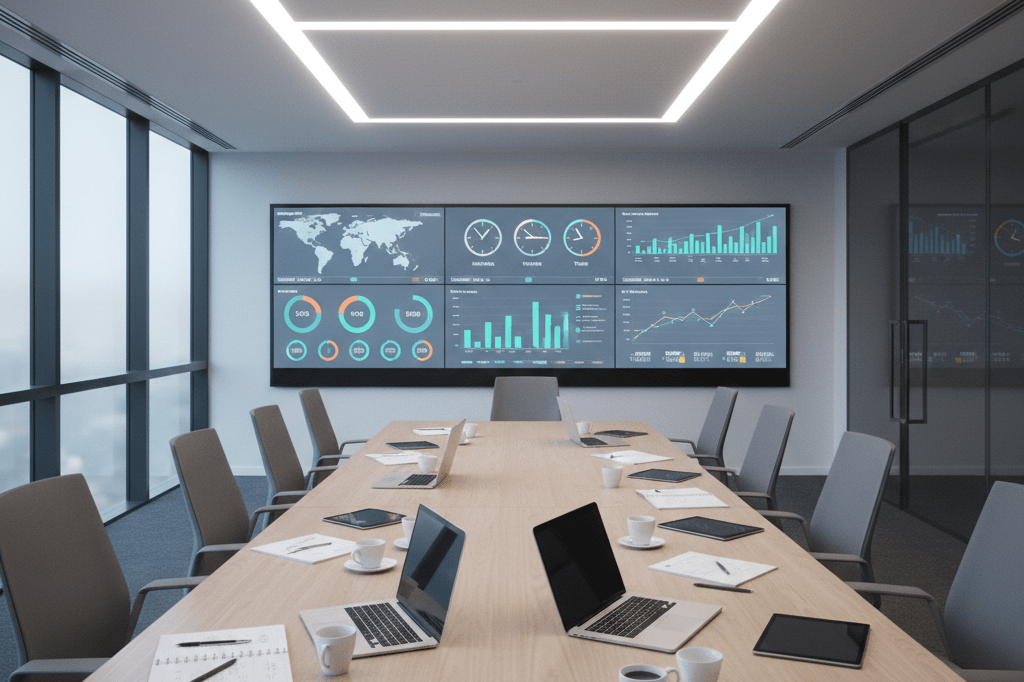 Modern office war room with digital screens showing timezones and analytics under ambient lighting, emphasizing strategic planning