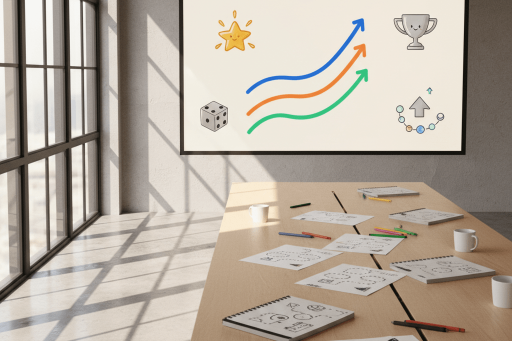 Warmly lit workspace highlighting interactive marketing tools Modern co-working area featuring digital displays and gamified design sketches under ambient lighting