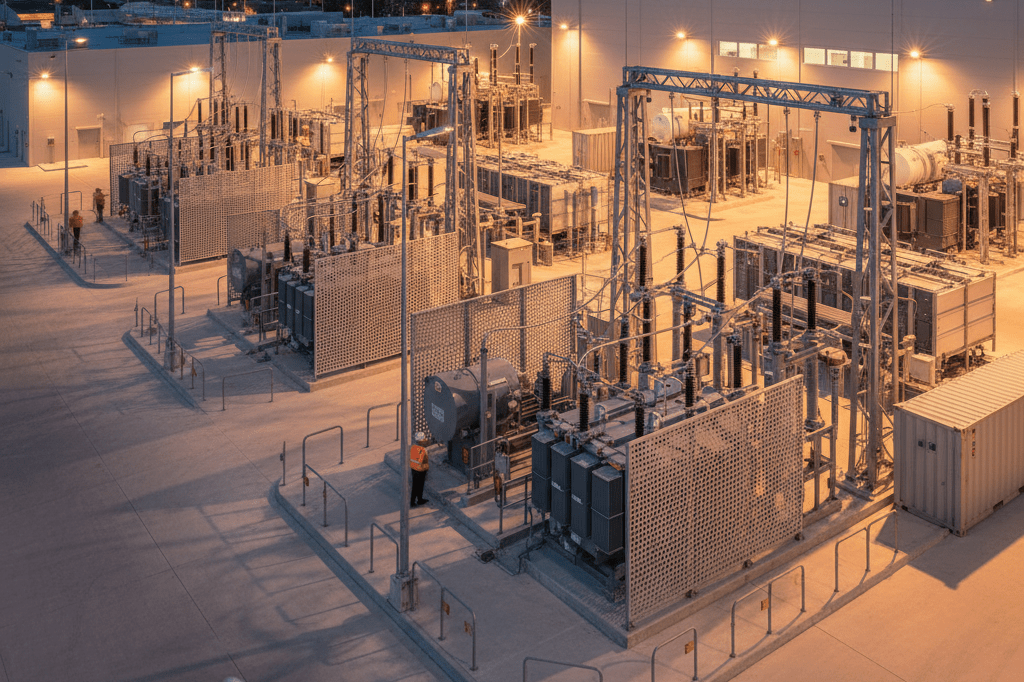 Wide-angle view of a facility with backup generators under ambient evening light, highlighting operational resilience
