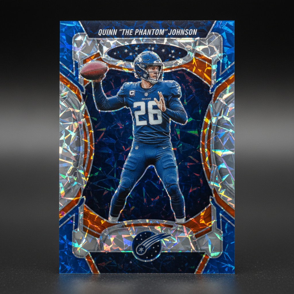 Close-up of a cracked ice holographic football card with intricate web-like fracture designs.