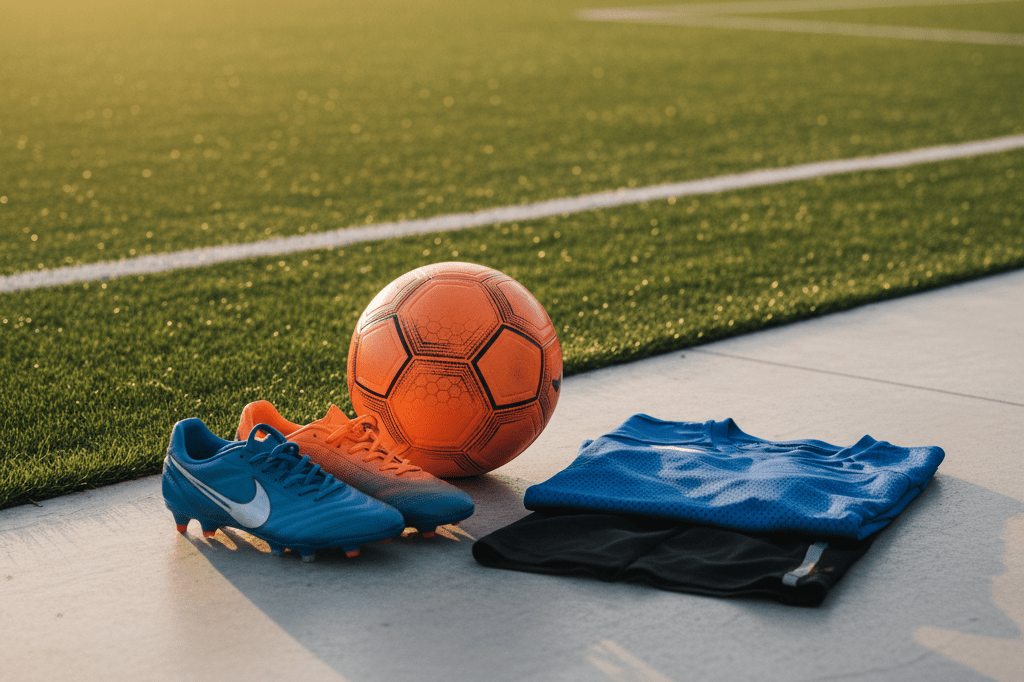 Medium shot of elite youth soccer cleats, training ball, and technical apparel on concrete near grass field, natural light, photorealistic DSLR