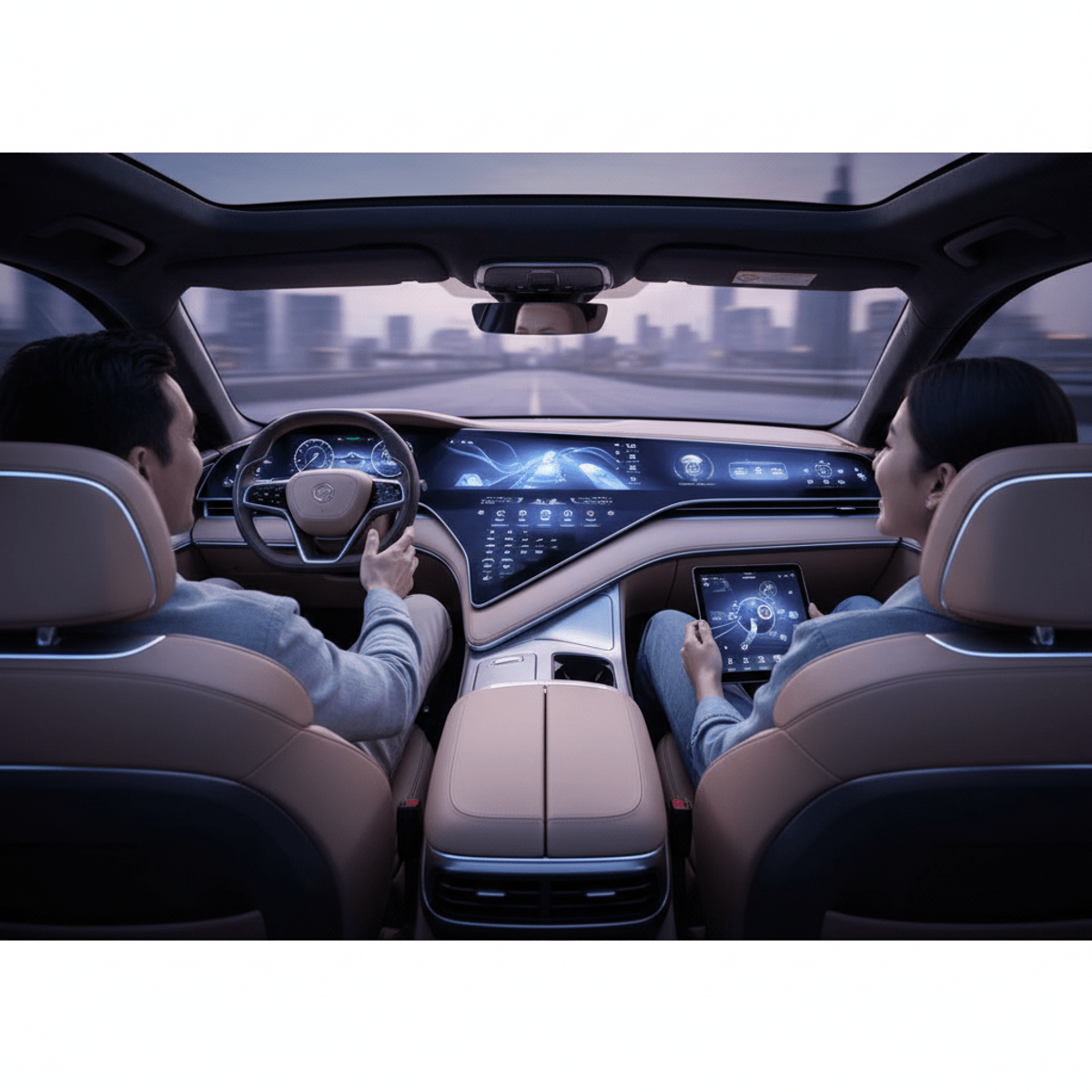 Futuristic SUV interior with expansive digital cockpit Spacious 7-passenger SUV interior with a futuristic pillar-to-pillar glass cockpit.