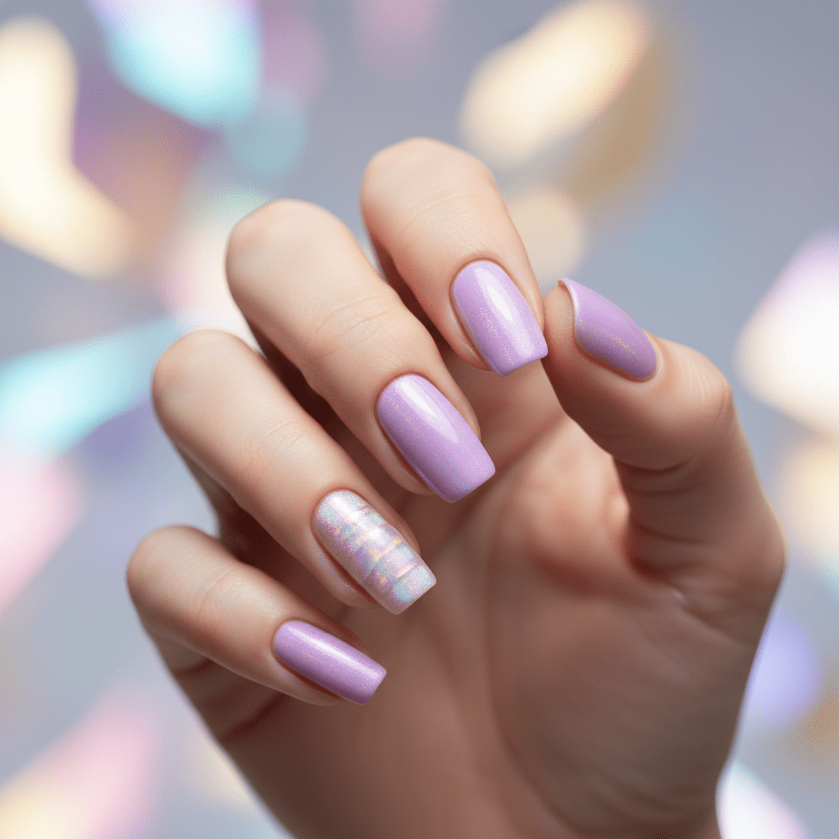 Ethereal lavender nail art with holographic highlights and translucent glaze.