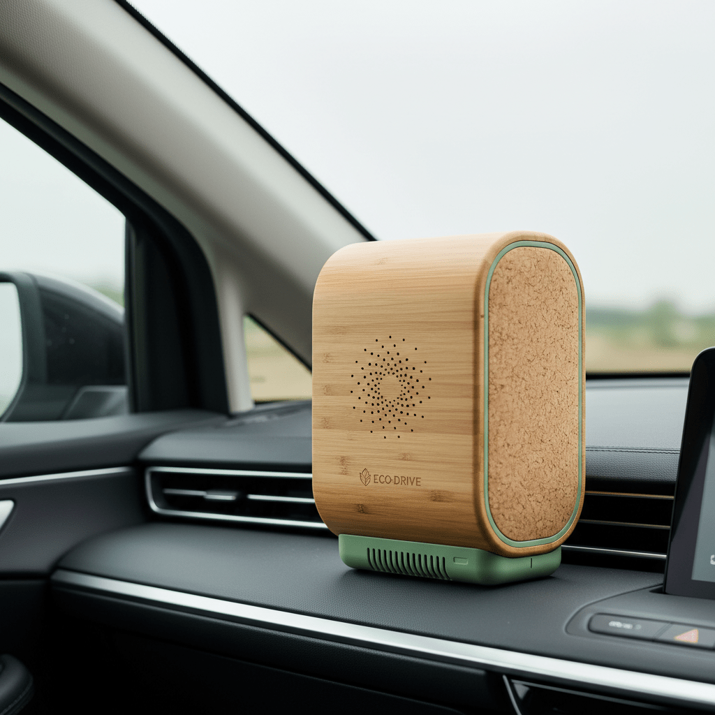 Eco-friendly car air purifier with bamboo and cork on a modern vehicle dashboard.