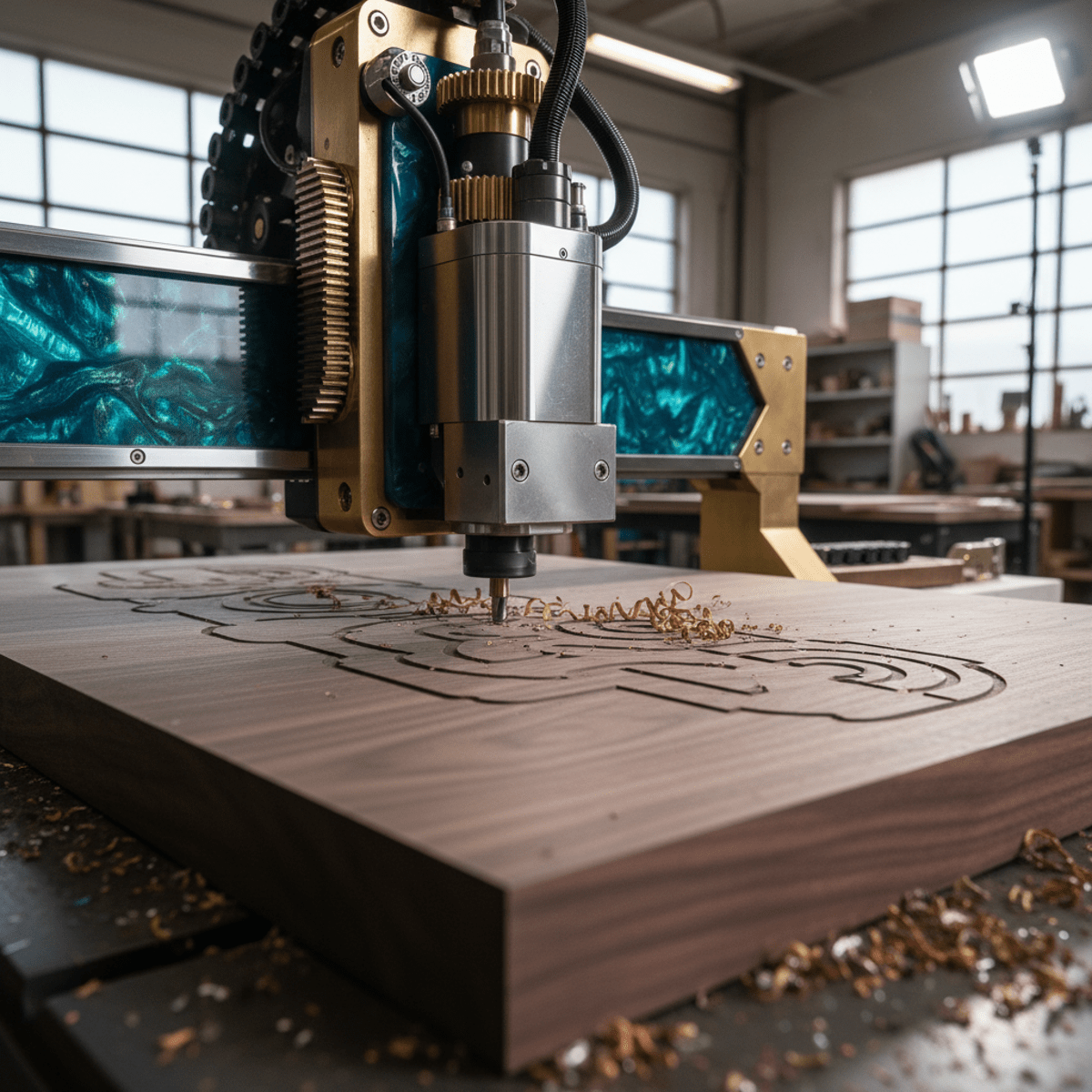 CNC wood router precision carving dark walnut with brass and resin inlays.