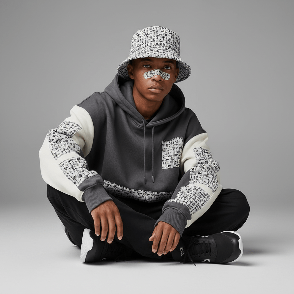 Stylish person in futuristic streetwear with artistic bandaid on nose.