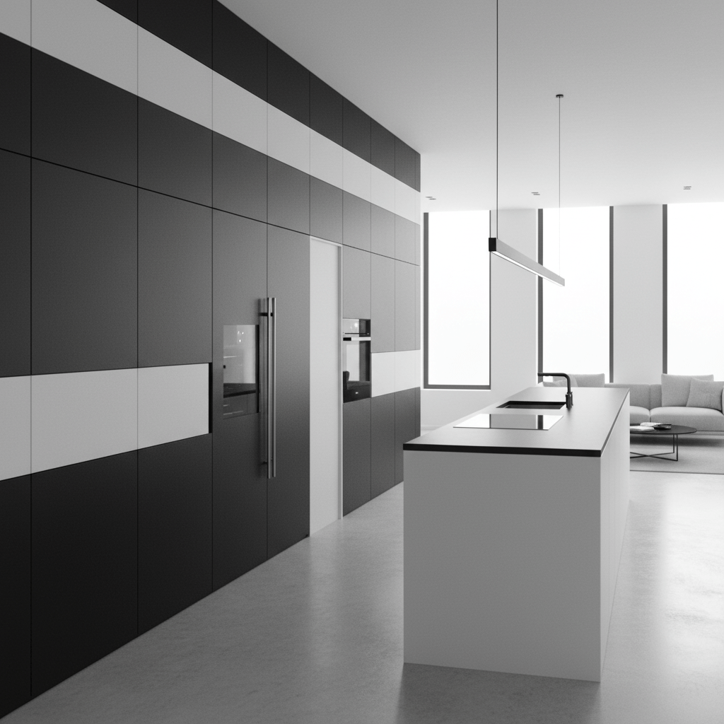 Minimalist black and white kitchen with handle-less cabinetry and integrated appliances.