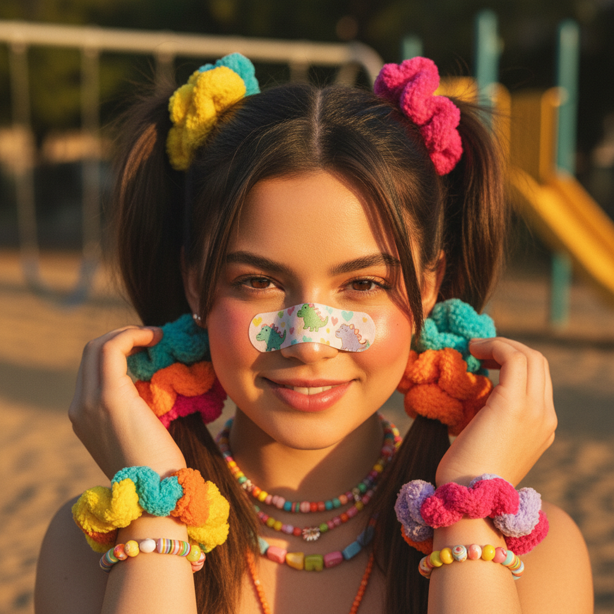 Whimsical bandaid with dinosaur and heart designs on a nose, framed by colorful pigtails.