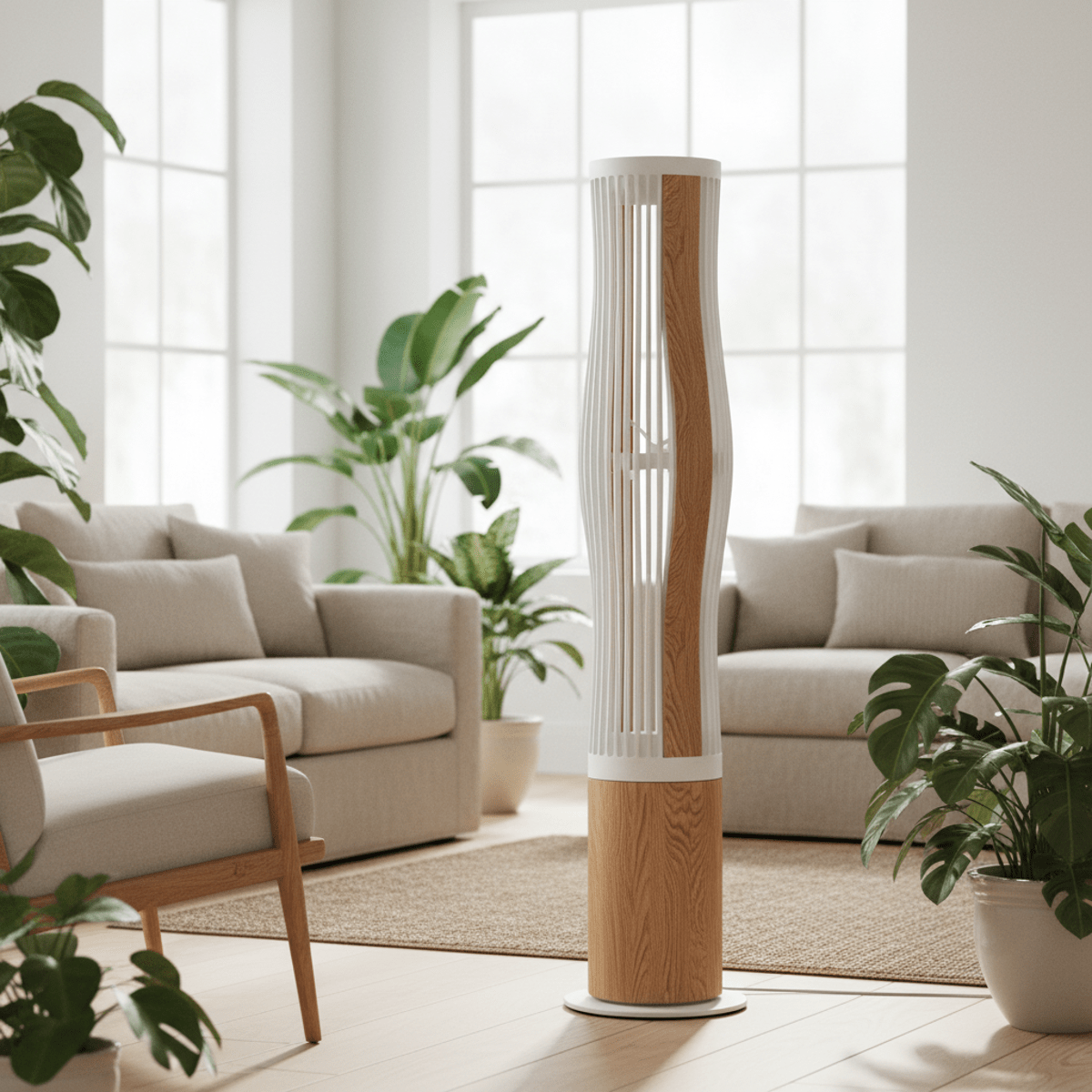 Eco-conscious fan made of recycled plastic and reclaimed oak in a modern living room.