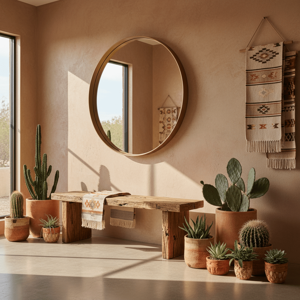 Southwestern-modern entryway with dusty rose walls, reclaimed wood bench, and potted plants.