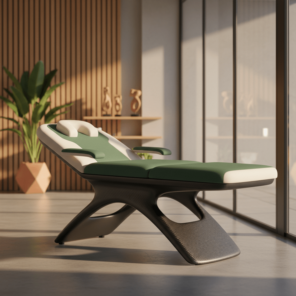 Modern physical therapy table with advanced composite frame. High-tech therapy table with carbon fiber frame and green upholstery.