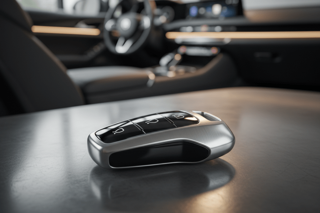 Close-up photo of a modern key fob under natural light, evoking themes of advanced EV accessibility without brand-specific identifiers
