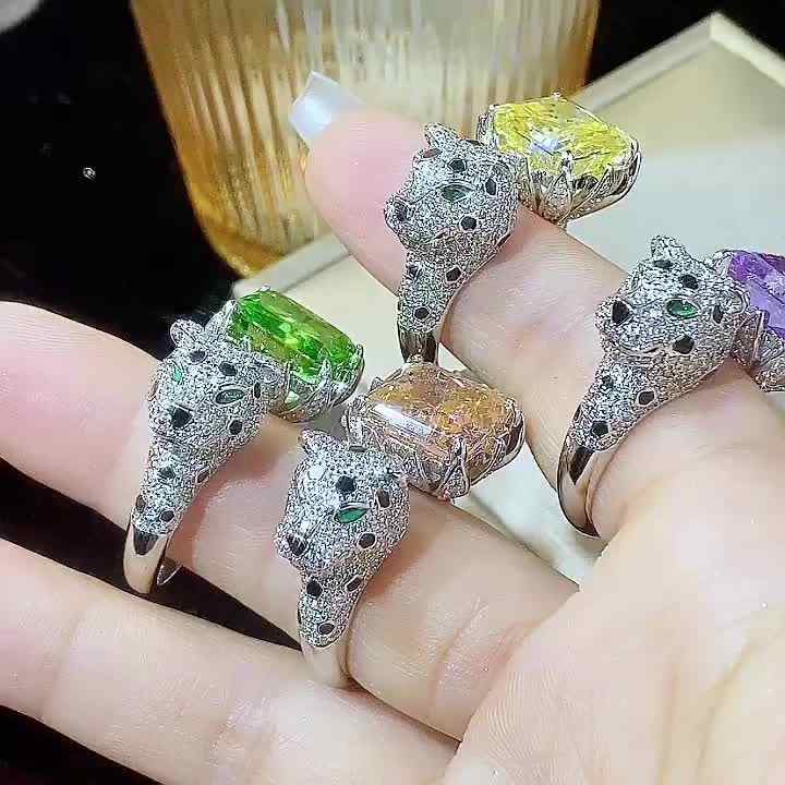 S925 Silver Ring High Carbon Diamond Leopard Sub Series Simulated Emerald 10mm Leopard Ring Fashion Wedding