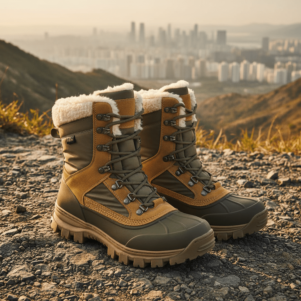 Fur-lined hiking boots with aggressive lug soles Rugged fur-lined hiking boots with aggressive lug soles on a mountain trail.