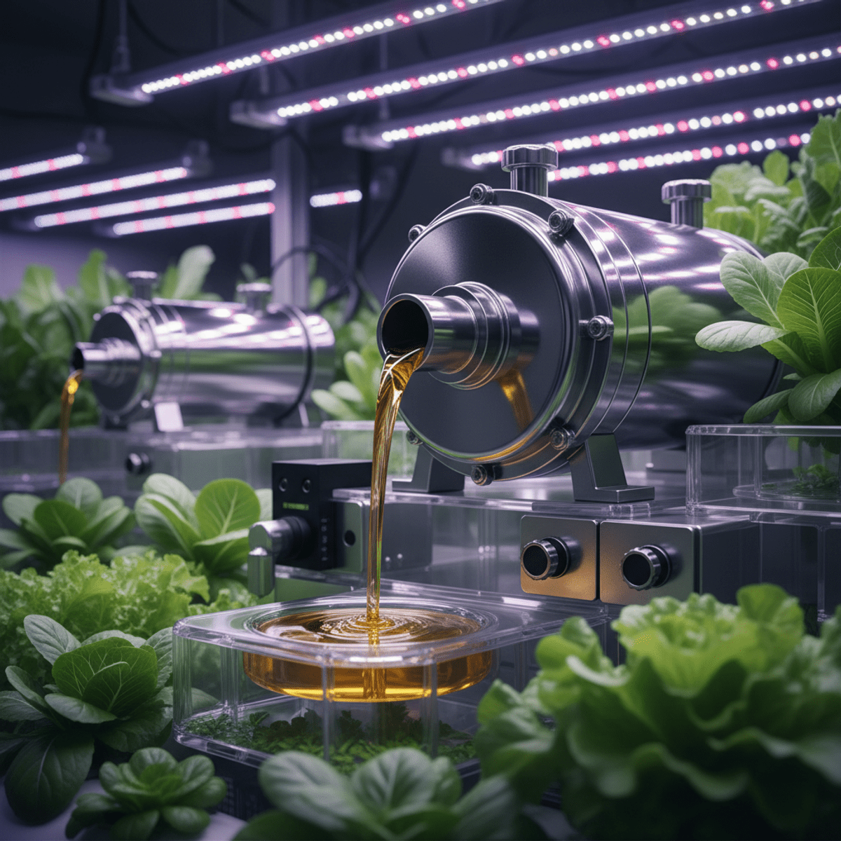 Nutrient oil pump in a high-tech vertical farm Electric nutrient oil pump dispensing fluid into hydroponic trays under LED grow lights.