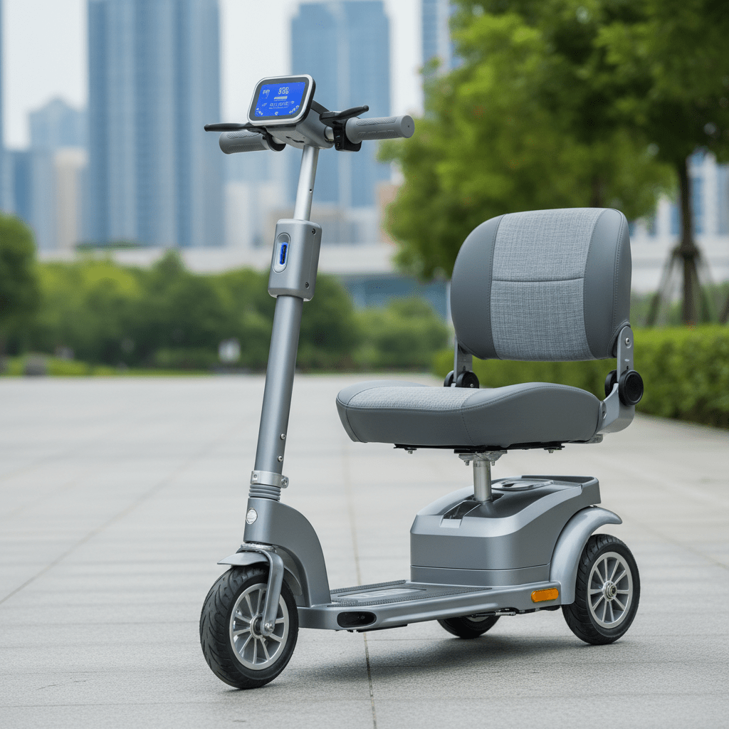 Mobility scooter USB charging port detail on pathway Adult mobility scooter with USB charging port on handlebars, parked outdoors.