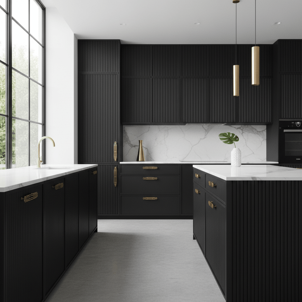 Sleek modern kitchen with fluted black cabinets and marble countertops.