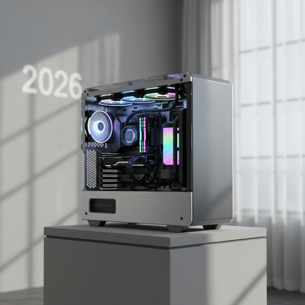 Futuristic modular PC case with interchangeable panels and RGB components in studio.