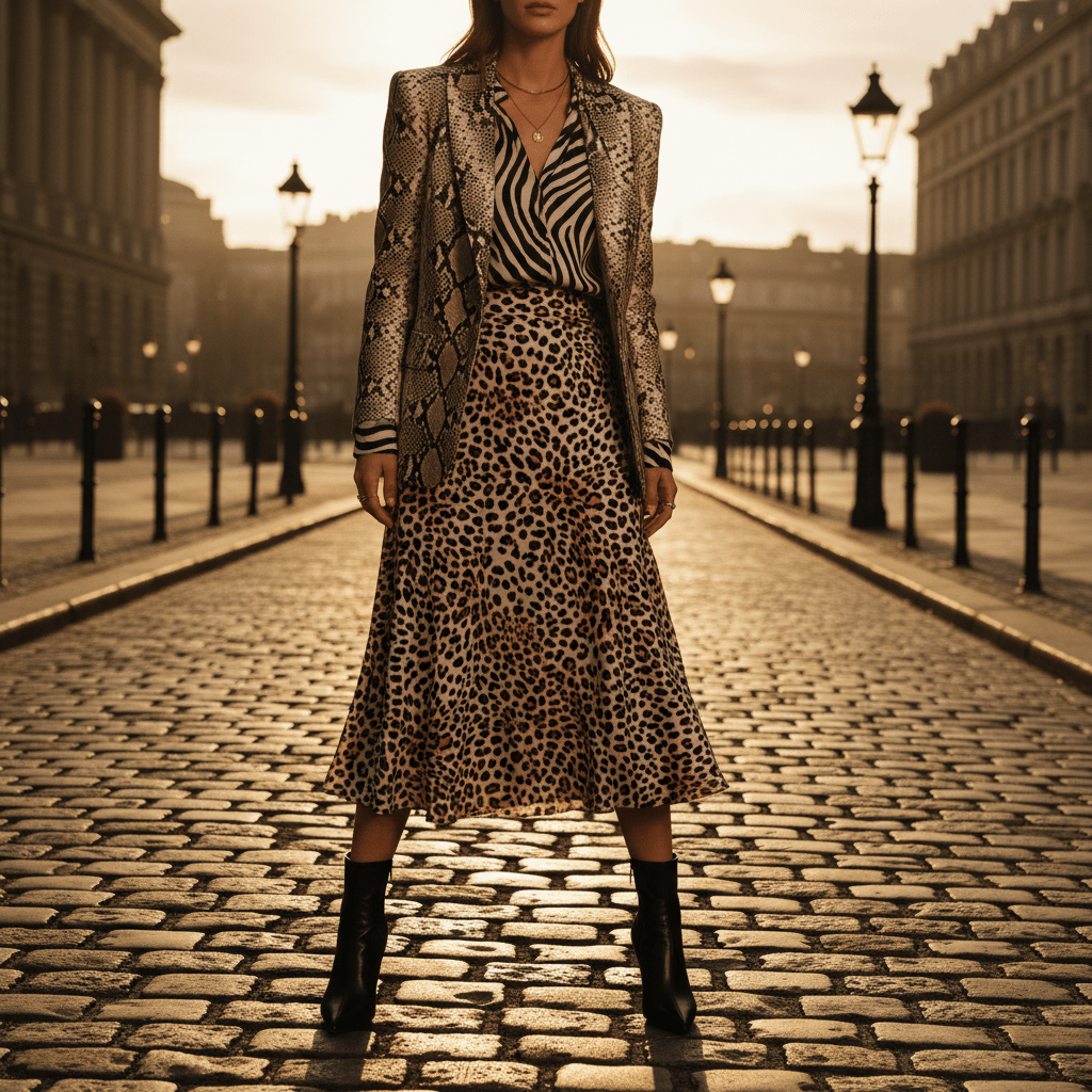 1980s inspired modern outfit with clashing animal prints on a city street.