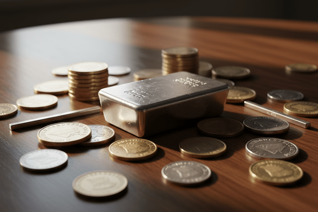 Detailed view of a silver ingot and coins under natural light symbolizing recent market turbulence