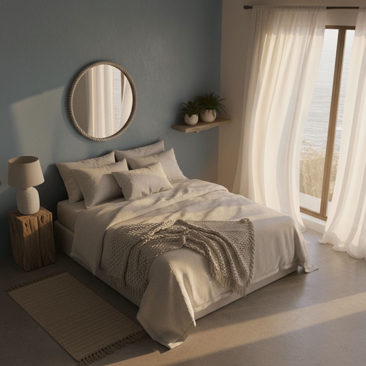 Minimalist coastal bedroom with foggy blue wall and driftwood furniture.