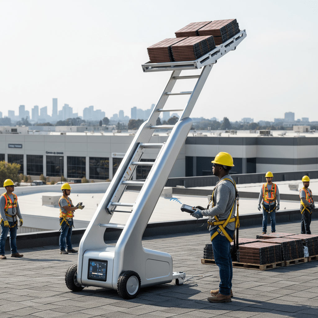 Futuristic electric ladder hoist with shingles on a commercial roofing site.