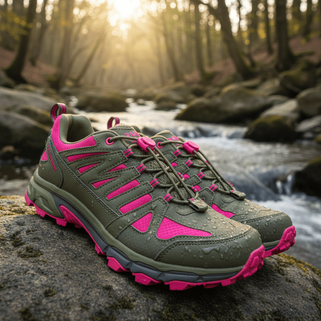 Rugged olive green and pink sneakers with bungee laces on mossy rocks.