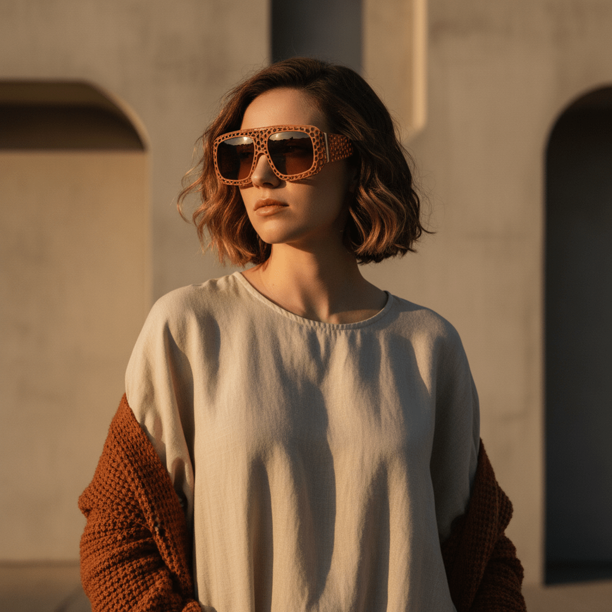 Woman with parametric sunglasses featuring honeycomb frame against concrete.